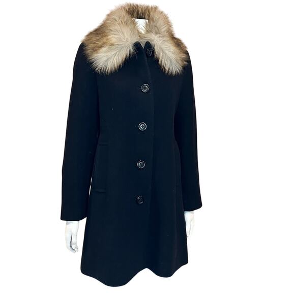 KATE SPADE NEW YORK Wool Coat w/ Faux Fur Collar Black Small - Picture 6 of 16